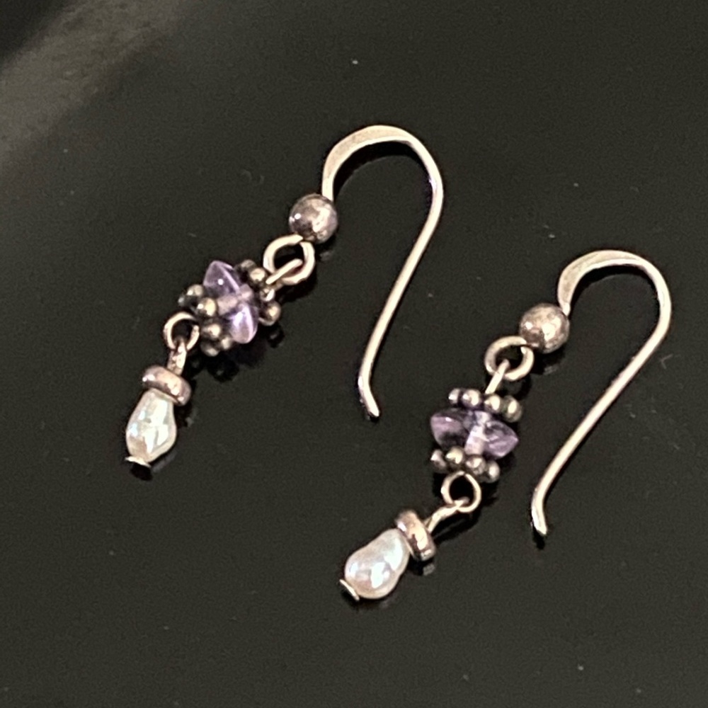 Sterling silver earrings with purple drop beads